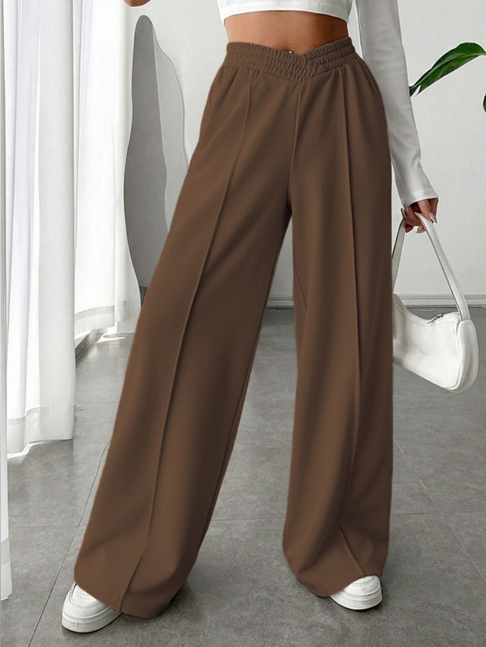 Wide Leg High-Waist Pants in Brown- Women - Picture 5 of 7